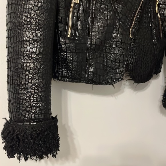Luxury Chic Croc Print Faux Leather Moto Jacket Sherpa Trimmed/Lined XS Black - Picture 4 of 10